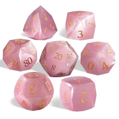 Pink Cat's Eye Dice Set, 7-Piece Handcrafted Polyhedral Dice with Gold Engraving, Ideal for D&D, RPG, MTG&Tabletop Games, Gift Box Included (Cat's Eye - Pink) - color: Cat's Eye - Pink
