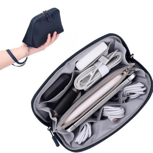 FYY Travel Cable Organizer - 8 Compartments, Lightweight, Water Repellent | With Wrist Strap, Portable Tech Pouch for Cord Charger, Travel and Business Trips Use, Soft Shell Nylon, Navy (Small) - color: Navy, size: (S) 8.1"× 4.7"× 2.9"
