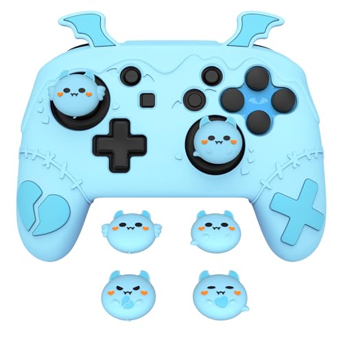 PlayVital Gothic Imp Series Cute Silicone Case for Nintendo Switch Pro Controller with 4 Thumb Grip & 2 Sticker, Non-Slip Anti-Scratch Protective Silicone Skin Cover - Aqua Blue - color: Aqua Blue