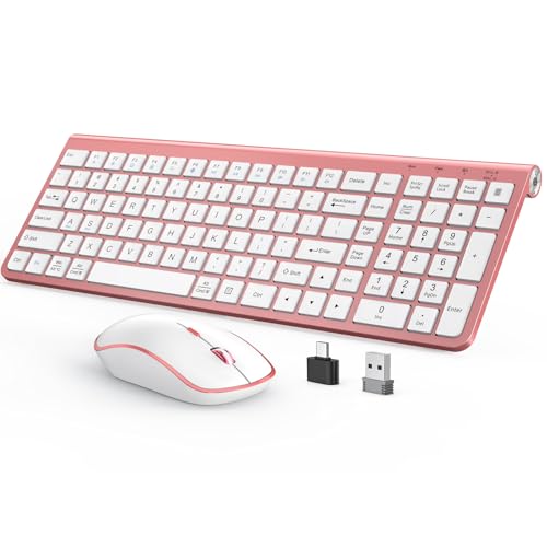 JOYACCESS Pink Wireless Keyboard and Mouse, Typewriter Keyboard Wireless, Ergonomic and Quiet Computer Mouse for for Desktop/PC/Laptop/Surface/Smart TV and Windows 10/8/ 7 - color: pink