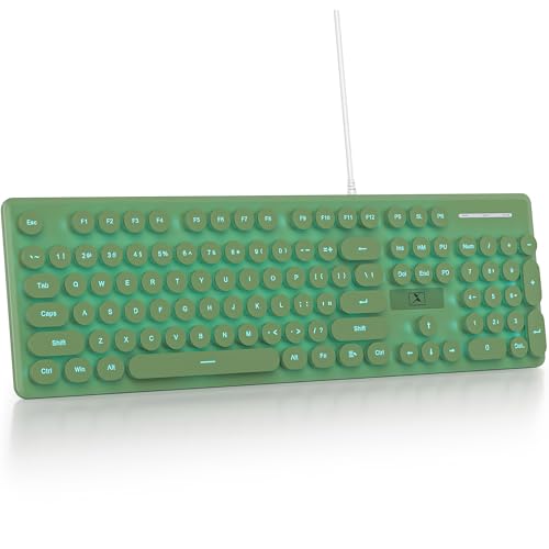 Fogruaden Wired Computer Keyboard, Quiet Full Size Membrane Keyboard, Retro Typewriter Style Round Key, Light Up, Dark Green Cute Keyboards, Blue LED Backlit, Slim, Silent for Windows PC, Laptop - color: DarkGreen