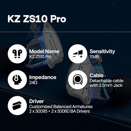 Linsoul KZ ZS10 Pro, 4BA+1DD 5 Driver in Ear Monitor, HiFi Wired Earbuds, Gaming Earbuds, Hybrid IEM Earphones with Stainless Steel Faceplate, Detachable Cable for Musician (Without Mic, Blue) - color: Blue, style: Without Mic