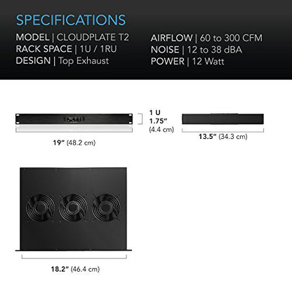 AC Infinity CLOUDPLATE T2, Rack Mount Fan 1U, Top Exhaust Airflow | Designed for Cooling AV, Home Theater, Network 19” Racks