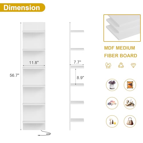 Qupui 6-Tier Wall Shelf with RGB LED, 57" Floating Storage, White | RGB 16 Million Colors, 22 Modes, 6 Brightness. Waterproof Particleboard. Each Tier Holds 10 Lbs. Wall-mounted. For Bedroom - color: White