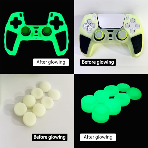 Green Glow in the Dark Silicone Protective Case for PS5 Controller, Anti-Slip Thick Soft Cover, Includes 8-in-1 Thumb Grip Caps + 2 Cat Paw Caps – Ergonomic Shockproof - color: Glow Green Black