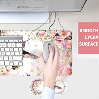 Mouse Pad,Large Desk Mat Set, 4in1 XL Mousepad + Keyboard Wrist Rest+Mouse Wrist Rest+Coaster with Ergonomic Desk Pad for Home Office Table Computer Cover -Flower Hummingbird - color: Flower Hummingbird