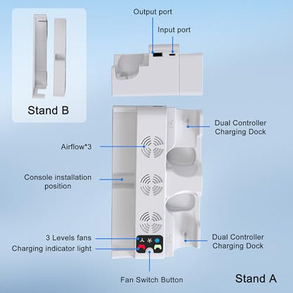 STARTRC GAMES Cooling Station for PS5 Slim/Pro Horizontal Cooling Stand with Controller Charging Station for PlayStation 5 Slim/Pro Console Accessories Kit with 3 Level Cooler Fan (NOT Fit 2020 PS5)