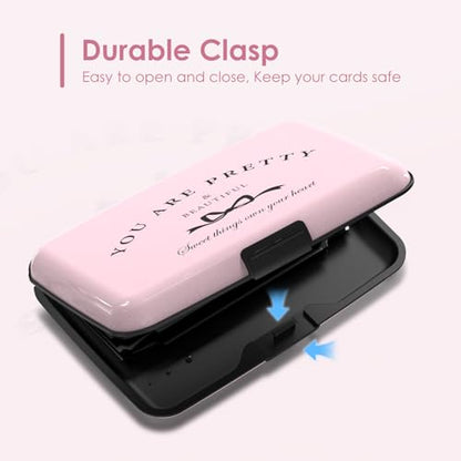 Credit Card Holder Pink, RFID Wallet Women Pocket Small Card Holder, You Are Pretty Travel Business Card Case Metal RFID Blocking Card Organizer for Women Men - color: Pink Bow You Are Pretty
