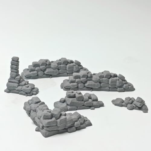 3D Printed Stone Wall Ruins, 28mm Tabletop Wargame Terrain (Grey) | Modular ruin terrain, fits 28-32mm wargames. Miniature diorama & model building accessory, universal for tabletop RPGs.
