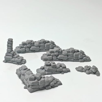 3D Printed Stone Wall Ruins, 28mm Tabletop Wargame Terrain (Grey) | Modular ruin terrain, fits 28-32mm wargames. Miniature diorama & model building accessory, universal for tabletop RPGs.