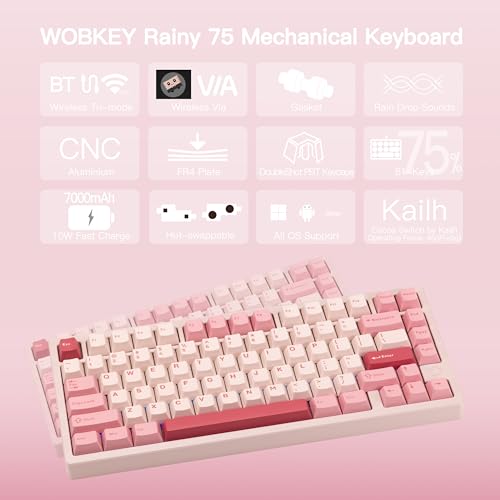 KEEBMONKEY WOBKEY Rainy 75 CNC Aluminum HMX/JWK/Cocoa Switches Triple-Mode Connectivity Mechanical Keyboard with Superior Acoustics, RGB/FR4/Silver SUS304/7000mAh/Cocoa Switch (Pro - Pink) - style: Pro - Pink