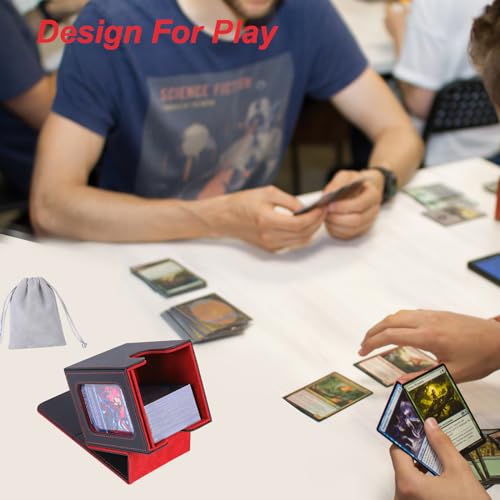 AFIING MTG Deck Box for Commander Display,Card Deck Box Fits 100 Double Sleeved Cards, Magic Commander TCG Card Storage Box with 2 Dividers,Drawstring Bag and 1 Toploader(Black/Red) - color: Commander Black Red
