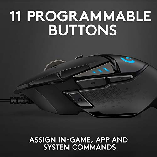 Logitech G502 Hero Wired Gaming Mouse - Black | High performance, 25,600 DPI, RGB, adjustable weights, 11 programmable buttons, on-board memory, PC/Mac - style: Wired