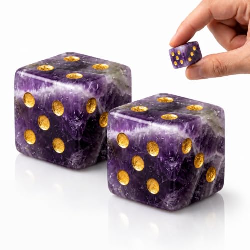 2PCS Crystal D6 Dice, 16mm Natural Gemstone Mahjong Dice Set Stone Dice for Games, Accessories, Tabletop Board Games, Casino Games, Craps, DIY Crafts, Spiritual Decor and Home Decor - color: D6-amethyst