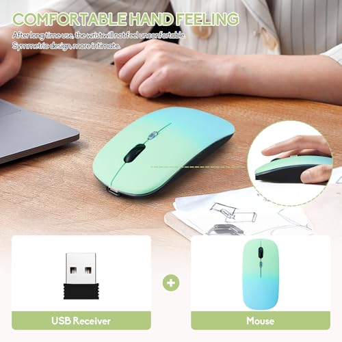 Wireless Bluetooth Mouse,LED Dual Mode Rechargeable Silent Slim Laptop Mouse,Portable(BT5.2+USB Receiver) Dual Mode Computer Mice,for Laptop,Desktop Computer,ipad Tablet,Phone,Mac(Greenish blue) - color: Gradient Greenish blue