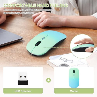 Wireless Bluetooth Mouse,LED Dual Mode Rechargeable Silent Slim Laptop Mouse,Portable(BT5.2+USB Receiver) Dual Mode Computer Mice,for Laptop,Desktop Computer,ipad Tablet,Phone,Mac(Greenish blue) - color: Gradient Greenish blue
