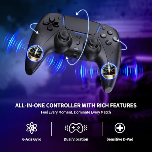JDDWIN LED Wireless Gaming Controller for PS5/PC/Android/IOS/MAC/Steam Deck,Hall Effect Joystick, Bluetooth, 3.5mm Audio Jack, Dual Vibration, 6-Axis Motion Contro Gamepad with Speaker (Black)