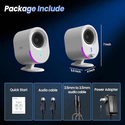 LITTOAK Bluetooth PC Gaming Speakers, 2 * 15W 2.0CH Stereo with 3 EQ & 6 RGB Modes, AC Powered Desktop Speakers with Aux/USB/Headphone Port for Laptop/TV, White