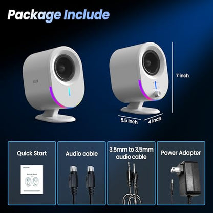 LITTOAK Bluetooth PC Gaming Speakers, 2 * 15W 2.0CH Stereo with 3 EQ & 6 RGB Modes, AC Powered Desktop Speakers with Aux/USB/Headphone Port for Laptop/TV, White