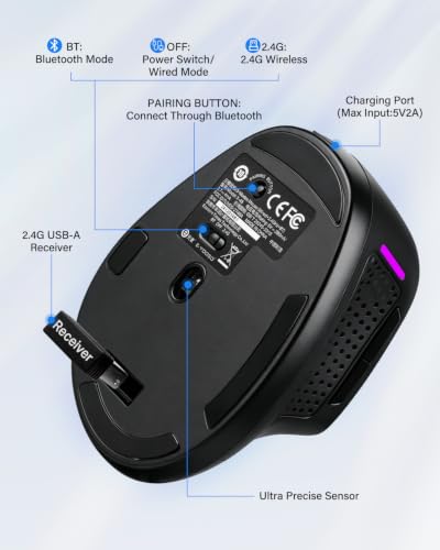 E-YOOSO X45 Rechargeable Vertical Ergonomic Wireless/Bluetooth/Wired Mouse,for Medium/Big/Large Hand,Quiet Clicks,4800 DPI,Cordless/USB C Cord,Witeless Mice for Laptop/Computer/MacBook/Chromebook/PC