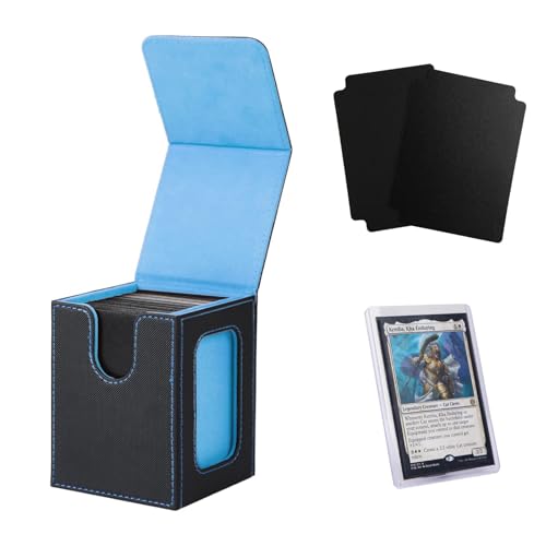 MTG Deck Box for Commander Display,Card Deck Box Fits 100 Double Sleeved Cards,TCG with 2 Dividers and 1 Toploader (Black and Wathet) | Holds 120 Single/100 Double-Sleeved Cards, Fit MTG/PTCG/OPTCG Cards, Strong Magnet, PU Leather, With 2 Dividers & 1 Top