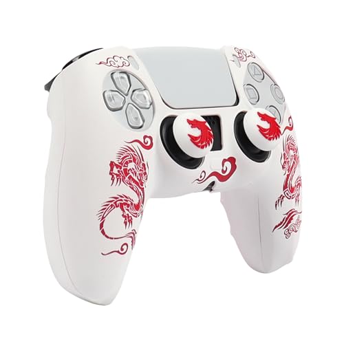 RALAN Dragon Controller Skin Silicone for PS5, Non-Slip Grip Cover Protector Compatible with PlayStation 5 Controllers with 2 Thumb Grip Caps - color: white Red thick dragon