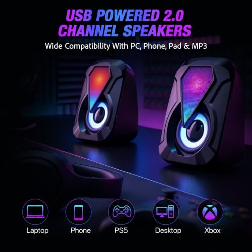 Computer Speakers, Desktop PC Speakers with 6 Colorful RGB Lights, Headphone Jack, Enhanced Bass and Volume Control, USB Powered & 3.5mm Aux Gaming Speakers for Laptop Monitor PC Tablet Phone-1053