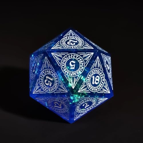 Cusdie Single D20 DND Dice with Sharp Edges and Glitter Foil Inclusions, 20 Sided D&D Dice, 33mm Handcrafted Polyhedral Dice, for Role Playing Game (Blue w/White Pattern) - color: Blue W/White Pattern