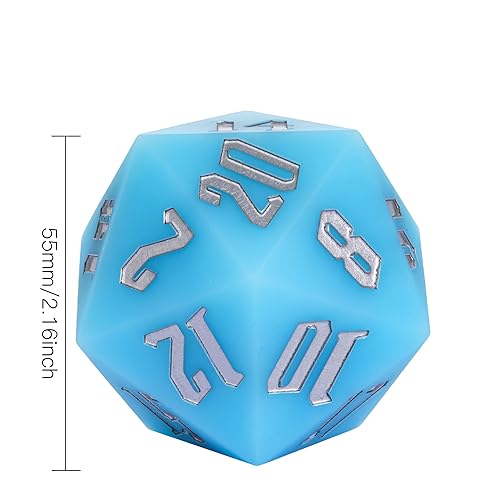 55mm Silicone D20 DND Dice, Large D20 Single 20 Sided Dice | Glow-in-the-Dark D20 Giant Dice with Gift Box for Dungeons and Dragons RPG Bar Pub Club Party Games (Sky Blue/Sliver) - color: Sky Blue/Sliver