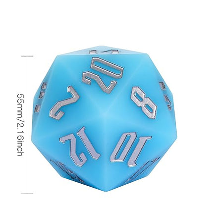55mm Silicone D20 DND Dice, Large D20 Single 20 Sided Dice | Glow-in-the-Dark D20 Giant Dice with Gift Box for Dungeons and Dragons RPG Bar Pub Club Party Games (Sky Blue/Sliver) - color: Sky Blue/Sliver