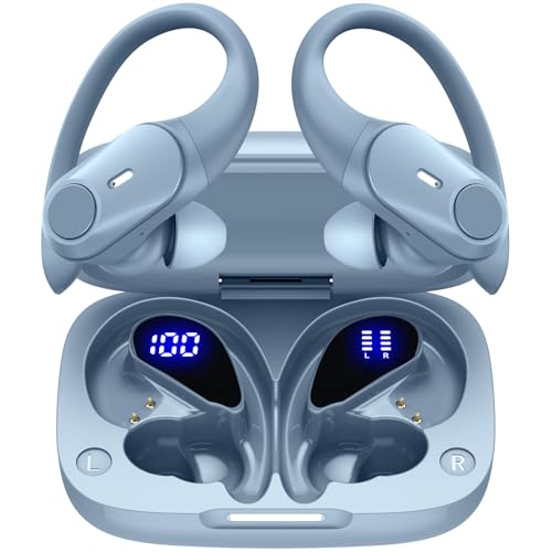 Active Noise Cancelling Ear Buds Wireless Earbuds 80H Playtime Bluetooth Headphones with LED Display Case, Hi-Res Audio Clear Calls Earphones with Over Ear Hooks for Running Gym Workout Sierra Blue - color: Sierra Blue