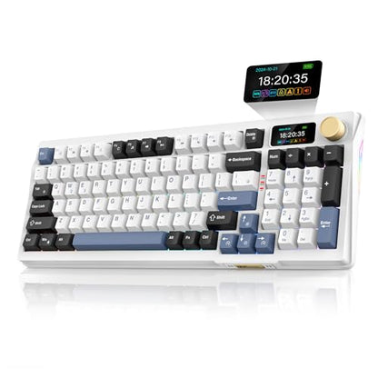 RedThunder K95 Wireless Mechanical Keyboard, TFT Screen & Knob, Tri-Mode BT5.0/2.4GHz/USB-C Hot Swappable Custom, Pre-lubed Linear Switches, Gasket Structure, RGB Gaming Keyboard, Snowy White-Blue - color: Snowy White-Blue