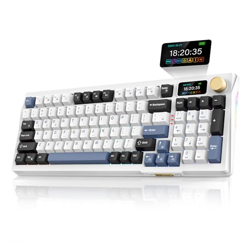 RedThunder K95 Wireless Mechanical Keyboard, TFT Screen & Knob, Tri-Mode BT5.0/2.4GHz/USB-C Hot Swappable Custom, Pre-lubed Linear Switches, Gasket Structure, RGB Gaming Keyboard, Snowy White-Blue - color: Snowy White-Blue