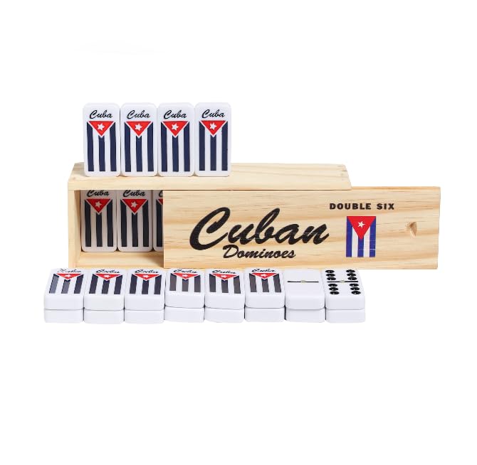 PRK 14 Cuban Double Six Dominoes Set - Classic Cubano Flag Combo Design with Wooden Box, Engraved Cuban Flag, Quality Tiles for Authentic Domino Experience