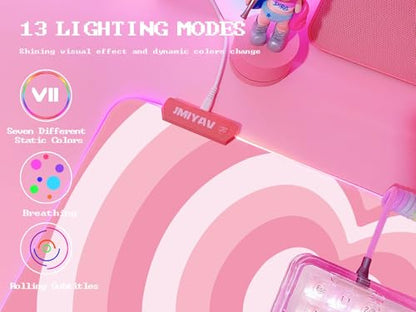 JMIYAV Pink Love Heart RGB Gaming Mouse Pad 31.5x12 Inch Cute Mousepad PC XL Large Extended Glowing Led Light Up Desk Pad Non-Slip Rubber Base Computer Mat Desk Accessories Gaming Setup - color: Loving Heart