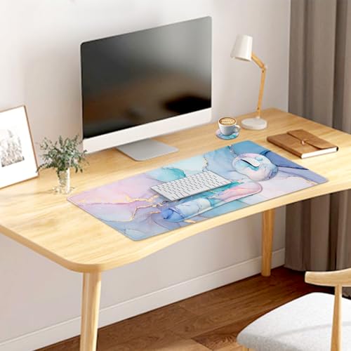 4-in-1 Gaming Mouse Pad Wrist Support Set，Desk Pad + Mouse Pad with Wrist Rest + Keyboard Wrist Rest + Coaster, Ergonomic Design for Home Office Study Game - Blue Marble - color: 4 Pcs Blue Marble