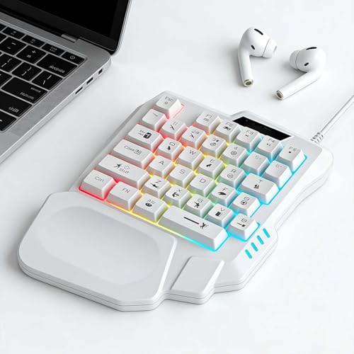 35 Keys One Handed Gaming Keyboard, Wired One-Handed Keypad with Mechanical Feel, Non Transparent Keycaps, Full N-Key Rollover, Ergonomic Wrist Rest, Plug and Play for PC Laptop Tablet - color: White