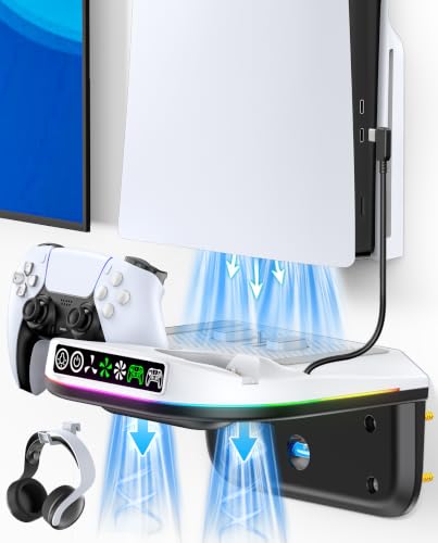 PS5 Wall Mount Kit with Cooling Fan and Charging Station Compatible with PS5/ Slim/Pro Disc and Digital, PS Five Floating Shelf with 9 RGB Lights, PS 5 Mount Behind TV, Sony PSP Cables - color: White And Black