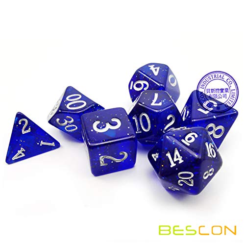 Bescon Super Glow in The Dark Glitter Polyhedral Dice Set DEEP Space, Luminous RPG Dice Set,Glowing Novelty DND Game Dice Set, Novelty DND Game Dice d4 d6 d8 d10 d12 d20 d% in Brick Box - color: Deep Space