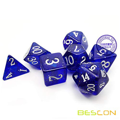 Bescon Super Glow in The Dark Glitter Polyhedral Dice Set DEEP Space, Luminous RPG Dice Set,Glowing Novelty DND Game Dice Set, Novelty DND Game Dice d4 d6 d8 d10 d12 d20 d% in Brick Box - color: Deep Space