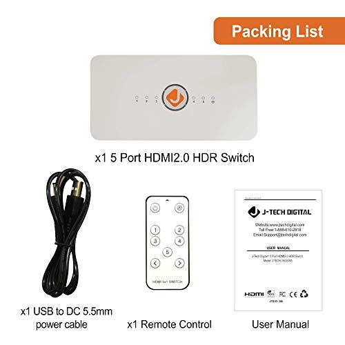 J-Tech Digital HDMI Switch 5X1 HDMI2.0 4K@60Hz, HDCP 2.2, HDR, YUV 4:4:4 with Remote Control and auto-Switching Function with Control4 Driver Available [JTECH-18GSW5]