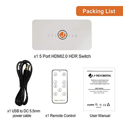 J-Tech Digital HDMI Switch 5X1 HDMI2.0 4K@60Hz, HDCP 2.2, HDR, YUV 4:4:4 with Remote Control and auto-Switching Function with Control4 Driver Available [JTECH-18GSW5]