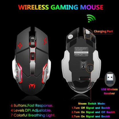Wireless RGB Gaming Keyboard and Mouse - Rechargeable RGB Backlit,Long Battery Life,Mechanical Feel,7 Color Gaming Mouse for PC Game and Work