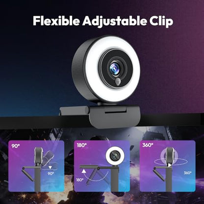 Angetube 4K Webcam with Ring Light, Computer Web Camera for Desktop, Laptop | 4K@30FPS, PDAF Autofocus, 1080P@60FPS, 2 Microphones, USB-A/C, Privacy Cover, Streaming Web Cam for PC Mac, Zoom Teams Twitch