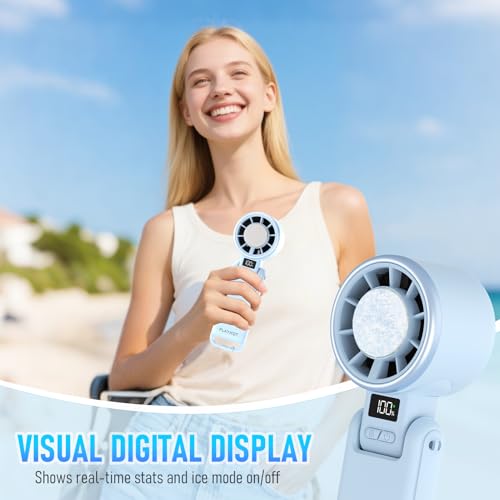 PlayHot Upgraded Portable Handheld Fan with 60°F Ice Cooling, Up tp 12Hrs Personal Fans Portable Rechargeable, 5 Speed 25550RPM Powerful Portables Fan Handheld, Hand/Neck/Desk Fan 3 IN 1(Blue) - color: Blue
