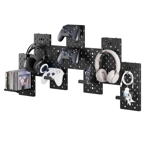 PEGZONE Controller and Headphone Holder Wall Mount, Modular Gaming Pegboard with Accessories, Controller Stand, Disc Shelf Organizer, 7pcs, Black - color: Black, size: 7 PCS