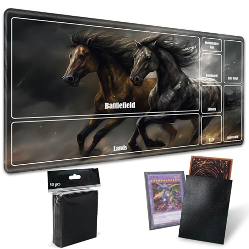 Board Game Mat TCG Playmat Plus 50 Pcs Card Sleeves, 24 x 14 inches Table Mats Games Mousepad with Zones Smooth Surface for MTG RPG CCG Trading Card Game Play Mats, Black Horse - color: Black Horse, size: Zone 1