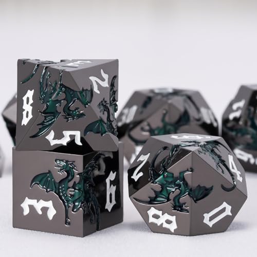 Sharp Edge Metallic DND Dragon Dice Set,Metal Polyhedral Dice with Dragon for Dungeons and Dragons RPG TTRPG D&D 7-Die Set with Gift Case - color: Dragon-black Nickel Sparkle Deep Green