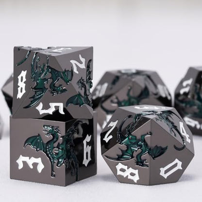 Sharp Edge Metallic DND Dragon Dice Set,Metal Polyhedral Dice with Dragon for Dungeons and Dragons RPG TTRPG D&D 7-Die Set with Gift Case - color: Dragon-black Nickel Sparkle Deep Green