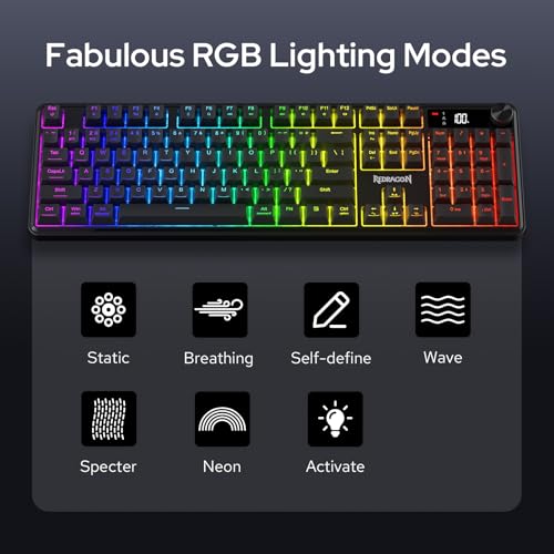 Redragon K526 PRO RGB Wireless Membrane Gaming Keyboard, 104 Keys Mechanical-Feel Keyboard w/LED Info Display, Media/Backlit Knob Control, Smooth Linear Switch & Software Supported - color: Black